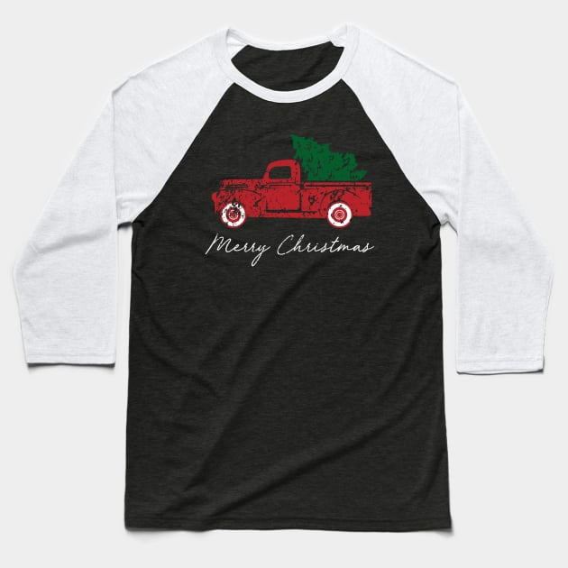 Merry Christmas Retro Vintage Red Truck Baseball T-Shirt by Soema
